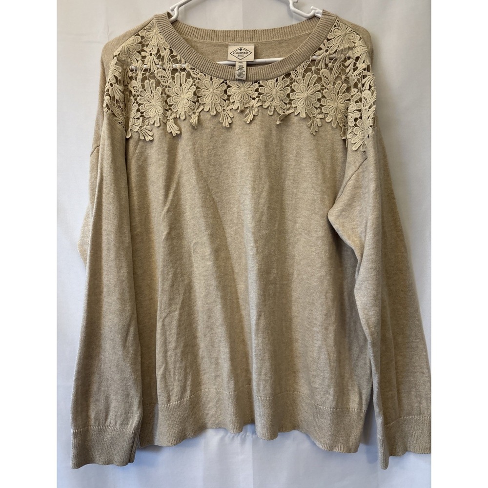 Women's Vintage St John's Bay Sweater Beige Embroidered Floral Laced Collar PXL